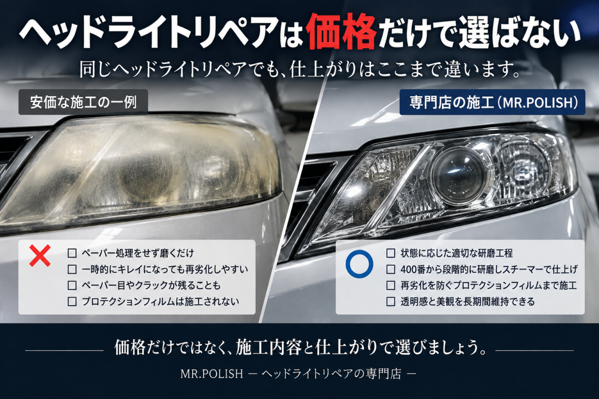 ヘッドライトリペアは価格だけで選ばない