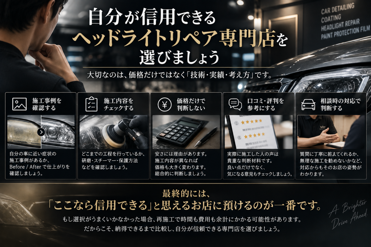 自分が信用できるヘッドライトリペア専門店を選びましょう