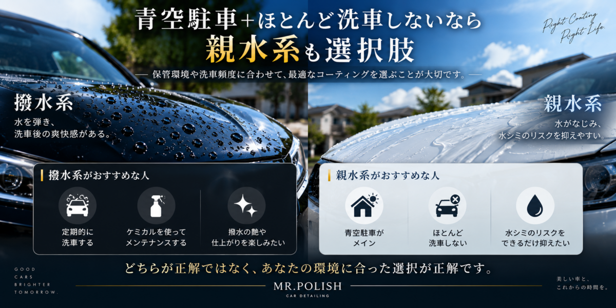 青空駐車+ほとんど洗車しないなら親水系も選択肢
