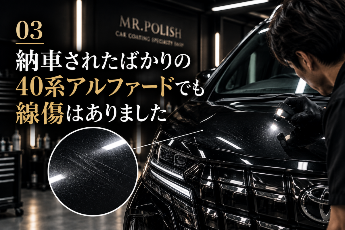 納車されたばかりの40系アルファードでも線傷はありました